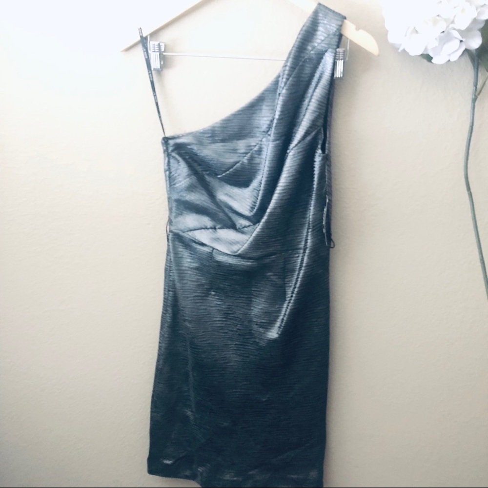Allen B. One Shoulder Metallic Sliver Dress